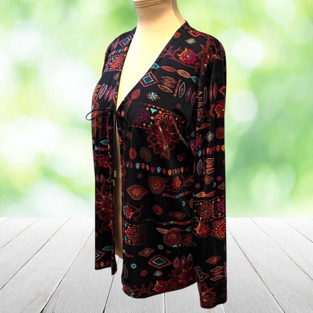 Vintage CHICOS Travel Knit Jacket Boho Medallion Print Tie Front USA Size 2 (L)
